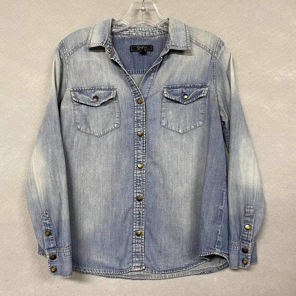 Jessica Simpson Women’s Shirt S Snap Up Cowboycore Chambray Long Sleeve Western